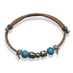 Cork Cord Bracelet Silver Tone Owl Dolphin Blue Beads Adjustable Sliding Knot